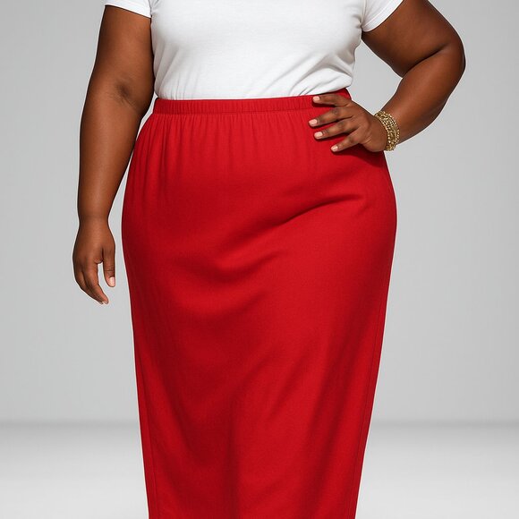 One Skirt - TWO LOOKS -- Plus size red Maxi skirt. No pockets. Elastic waistband - Picture 10 of 11